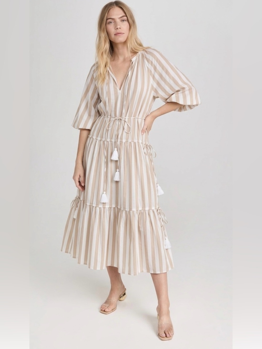 Mille Natalia Midi Dress in minimalist stripe Tiered skirt boho retro festival